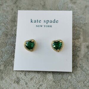Kate Spade Gold Emerald Green My Love Pavé Heart Stud Earrings Genuine